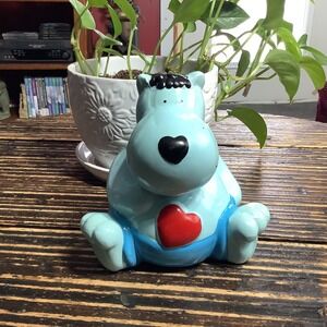 Vintage Valentines Hippo Piggy Bank – Blue Ceramic Heart Detail
